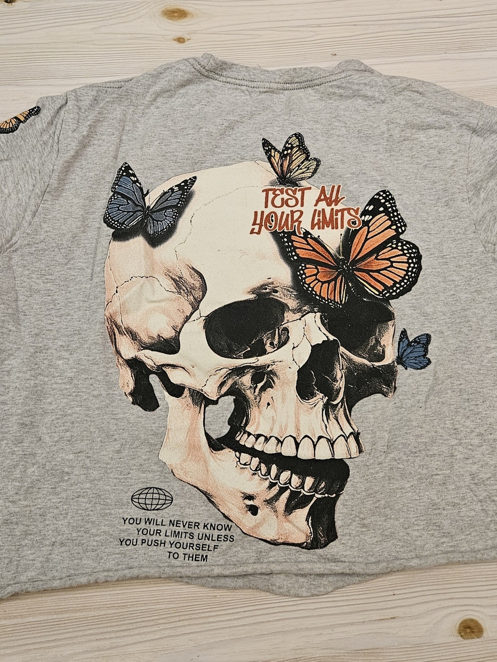 Vintage Grey Skull & Butterfly Crop Top - Motivational Graphic